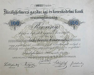 Kirlyhelmeczi Gazdasgi s Kereskedelmi Bank Rszvnytrsasg rszvny 100 korona 1904
