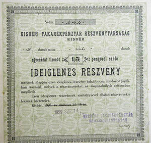 Kisbri Takarkpnztr Rszvnytrsasg ideiglenes rszvny 15 peng 1926
