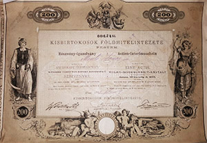 Kisbirtokosok Fldhitelintzete Pesten rszvny-igazolvny 200 forint 1873