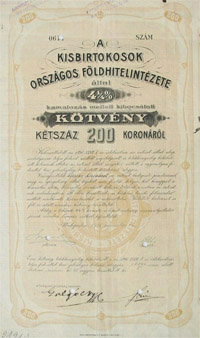 Kisbirtokosok Orszgos Fldhitelintzete ktvny 200 korona 1905