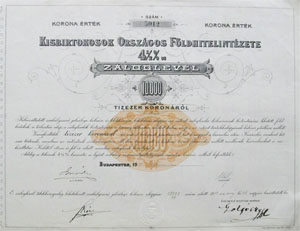 Kisbirtokosok Orszgos Fldhitelintzete zloglevl 10000 korona 1906