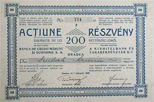 Kishitelbank s Takarkpnztr Rszvnytrsasg rszvny 200 lei 1928 Nagyvrad