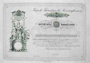 Kispesti Takarkpnztr Rszvnytrsasg rszvny 200 korona 1895