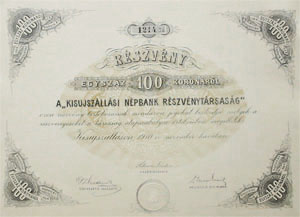 Kisujszllsi Npbank Rszvnytrsasg rszvny 100 korona 1910