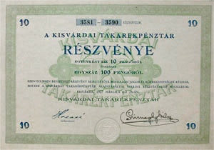Kisvrdai Takarkpnztr rszvny 100 peng 1927