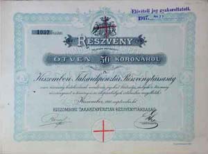 Kiszombori Takarkpnztr Rszvnytrsasg rszvny 50 korona 1910