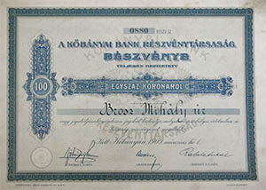 Kbnyai Bank Rszvnytrsasg rszvny 100 korona 1909 Kbnya