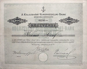 Kolozsvri Kereskedelmi Bank Rszvnytrsasg rszvny 200 korona 1894