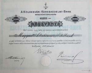Kolozsvri Kereskedelmi Bank Rszvnytrsasg rszvny 200 korona 1912