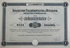 Kolozsvri Takarkpnztr s Hitelbank Rszvnytrsasg rszvny 20 peng 1942 Kolozsvr
