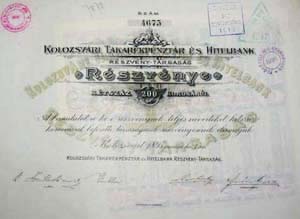 Kolozsvri Takarkpnztr s Hitelbank Rszvnytrsasg rszvny 200 korona 1895 Kolozsvr