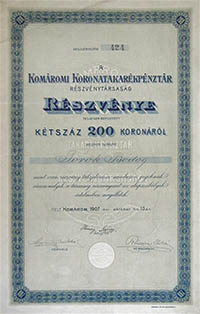 Komromi Koronatakarkpnztr Rszvnytrsasg rszvny 200 korona 1907 Komrom