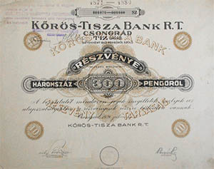 Krs-Tisza Bank Rszvnytrsasg rszvny 10x30 300 peng 1929  Csongrd