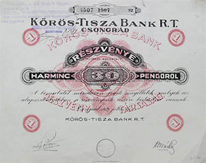 Krs-Tisza Bank Rszvnytrsasg rszvny 30 peng 1929 Csongrd