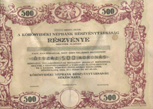 Krsvidki Npbank Rszvnytrsasg rszvny 500 korona 1922 Bkscsaba MINTA KNER