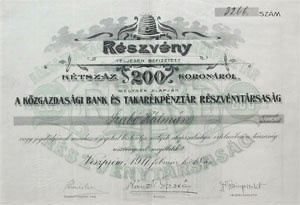 Kzgazdasgi Bank s Takarkpnztr Rszvnytrsasg rszvny 200 korona 1917