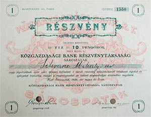 Kzgazdasgi Bank Rszvnytrsasg Srospatak rszvny 10 peng 1926
