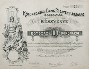 Kzgazdasgi Bank Rszvnytrsasg Bcsalms rszvny 100 korona 1911