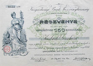 Kzgazdasgi Bank Rszvnytrsasg Srospatak rszvny 150 korona 1911