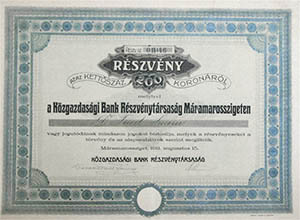 Kzgazdasgi Bank Rszvnytrsasg Mramarossziget rszvny 200 korona 1911