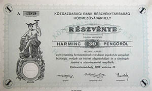 Kzgazdasgi Bank Rszvnytrsasg Hdmezvsrhely rszvny 30 peng 1926