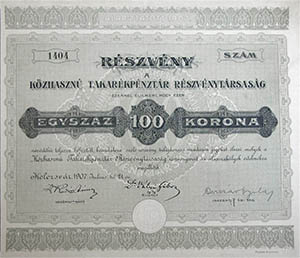 Kzhaszn Takarkpnztr Rszvnytrsasg rszvny 100 korona 1907 Kolozsvr