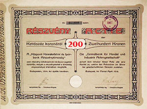 Kzponti Kereskedelmi s Iparbank Rszvnytrsasg rszvny 200 korona 1914