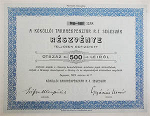 Kklli Takarkpnztr Rszvnytrsasg Segesvr rszvny 500 lei 1925