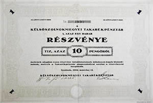 Klsszolnokmegyei Takarkpnztr Rszvnytrsasg Szolnok rszvny 10 peng 1926