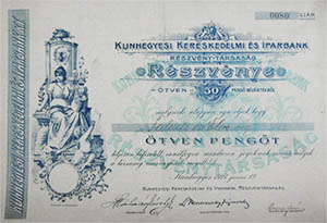 Kunhegyesi Kereskedelmi s Iparbank Rszvnytrsasg rszvny 50 peng 1927 Kunhegyes