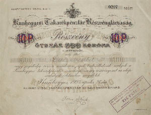 Kunhegyesi Takarkpnztr Rszvnytrsasg rszvny 500 korona 1923 Kunhegyes