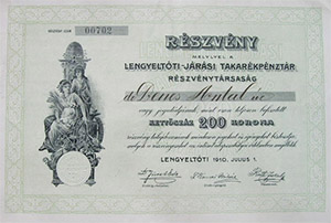 Lengyeltti-jrsi Takarkpnztr Rszvnytrsasg rszvny 200 korona 1910