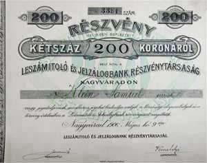 Leszmitol s Jelzlogbank Rszvnytrsasg rszvny 200 korona 1906 Nagyvrad