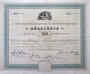 Letenyei Takarkpnztr Rszvnytrsasg rszvny 200 korona 1893 Letenye