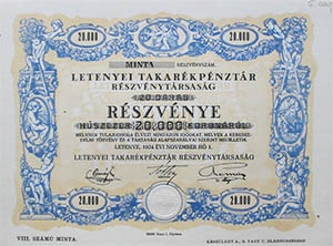 Letenyei Takarkpnztr Rszvnytrsasg rszvny 20000 korona 1924 MINTA
