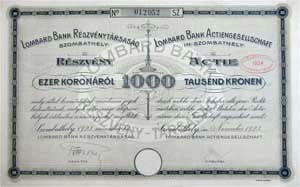 Lombard Bank Rszvnytrsasg rszvny 1000 korona 1923 Szombathely