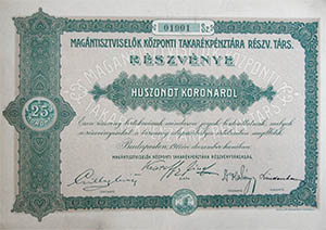 Magntisztviselk Kzponti Takarkpnztra Rszvnytrsasg rszvny 25 korona 1911