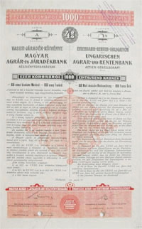 Magyar Agrr- s Jradkbank Rszvnytrsasg vasti jradk ktvny 1000 korona 1911