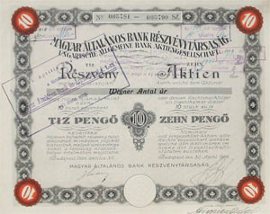 Magyar ltalnos Bank Rszvnytrsasg 10x10 peng 1926