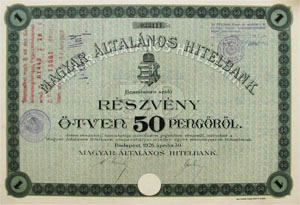 Magyar ltalnos Hitelbank rszvny 50 peng 1926