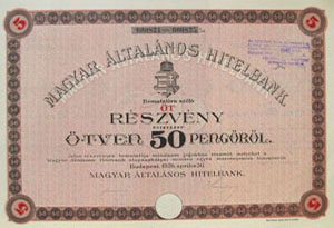 Magyar ltalnos Hitelbank rszvny 5x50 peng 1926
