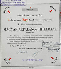 Magyar ltalnos Hitelbank rszvnyelismervny 50 peng 1946