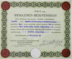 Magyar ltalnos Takarkpnztr Rszvnytrsasg ideiglenes rszvnyjegy 10 peng 1938