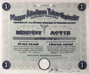 Magyar ltalnos Takarkpnztr Rszvnytrsasg rszvny 50 peng 1927