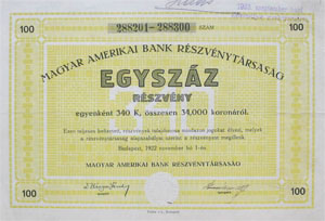 Magyar-Amerikai Bank Rszvnytrsasg rszvny 100x340 korona 1922