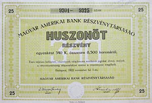 Magyar-Amerikai Bank Rszvnytrsasg rszvny 25x340 korona 1922