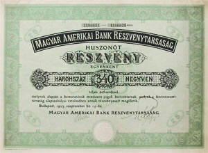 Magyar-Amerikai Bank Rszvnytrsasg rszvny 25x340 korona 1923