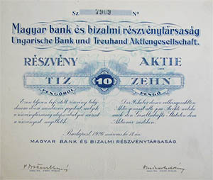 Magyar Bank s Bizalmi Rszvnytrsasg rszvny 10 peng 1926