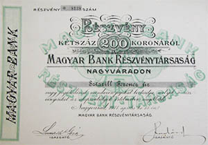 Magyar Bank Rszvnytrsasg Nagyvrad rszvny 200 korona 1911