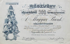 Magyar Bank Rszvnytrsasg Nagyszlls rszvny 300 korona 1912